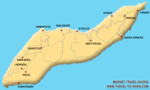Ikaria map - Travel to Ikaria -  The Aegean island of Ikaria, Greece complete guide with information on IKARIA, THERMA, AG. KIRIKOS, ARMENISTIS, EVDILOS, 